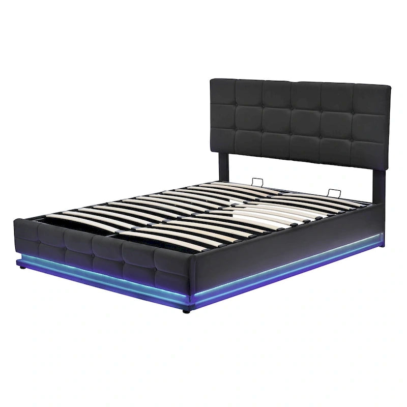 Lit plateforme capitonné avec système de rangement hydraulique, lit de rangement Queen size en PU avec lumières LED et chargeur USB, noir