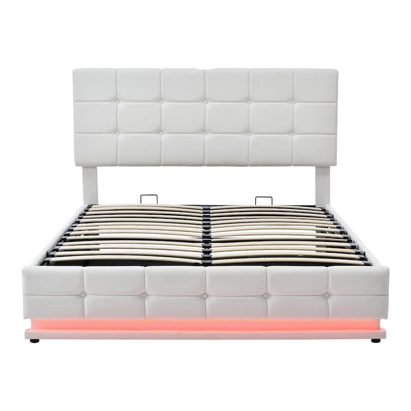 Lit plateforme capitonné avec système de rangement hydraulique, lit de rangement Queen size en PU avec lumières LED et chargeur USB, noir