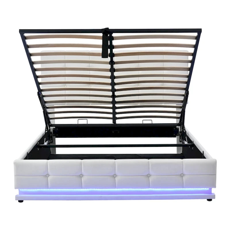 Lit plateforme capitonné avec système de rangement hydraulique, lit de rangement Queen size en PU avec lumières LED et chargeur USB, noir