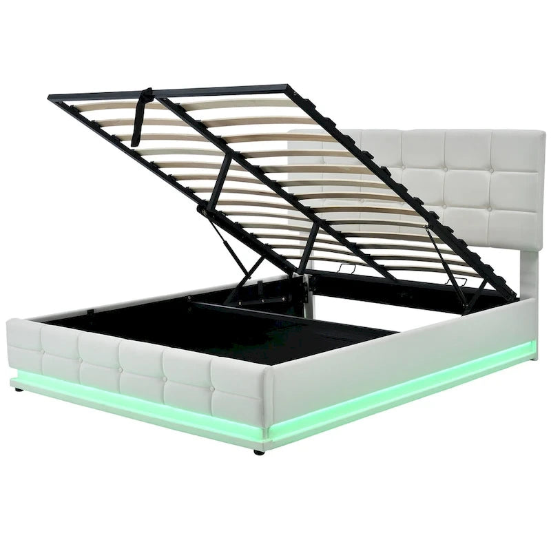 Lit plateforme capitonné avec système de rangement hydraulique, lit de rangement Queen size en PU avec lumières LED et chargeur USB, noir