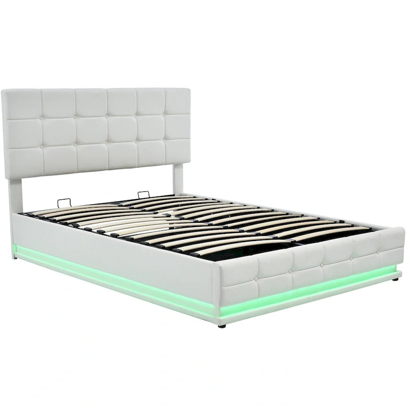 Lit plateforme capitonné avec système de rangement hydraulique, lit de rangement Queen size en PU avec lumières LED et chargeur USB, noir