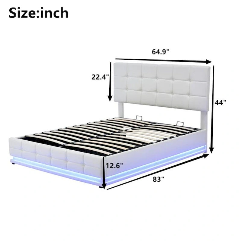 Lit plateforme capitonné avec système de rangement hydraulique, lit de rangement Queen size en PU avec lumières LED et chargeur USB, noir