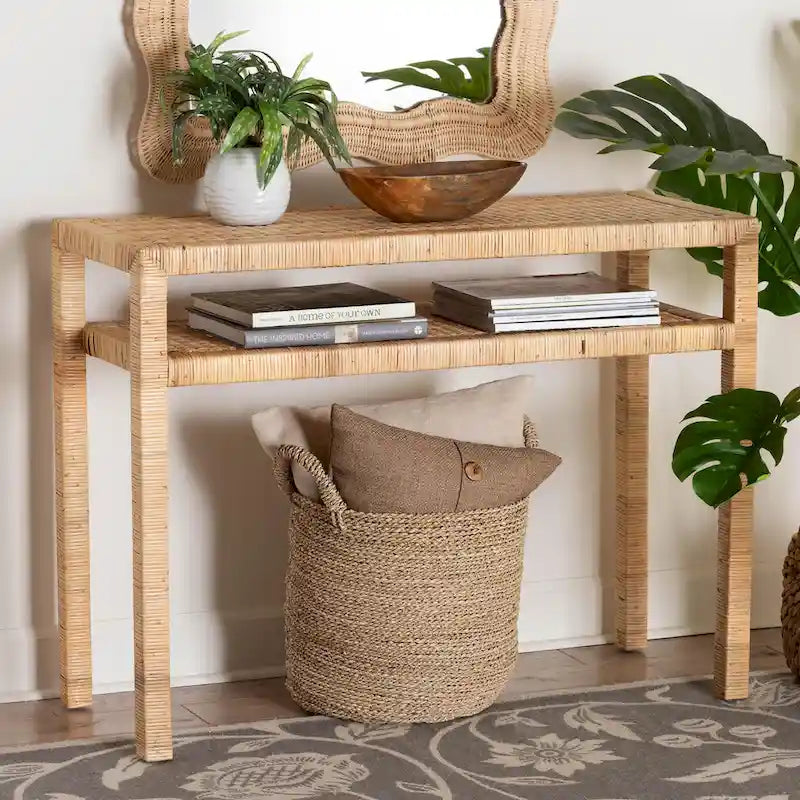 Console en rotin et bois d'acacia clair style bohème