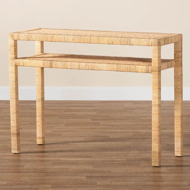 Console en rotin et bois d'acacia clair style bohème