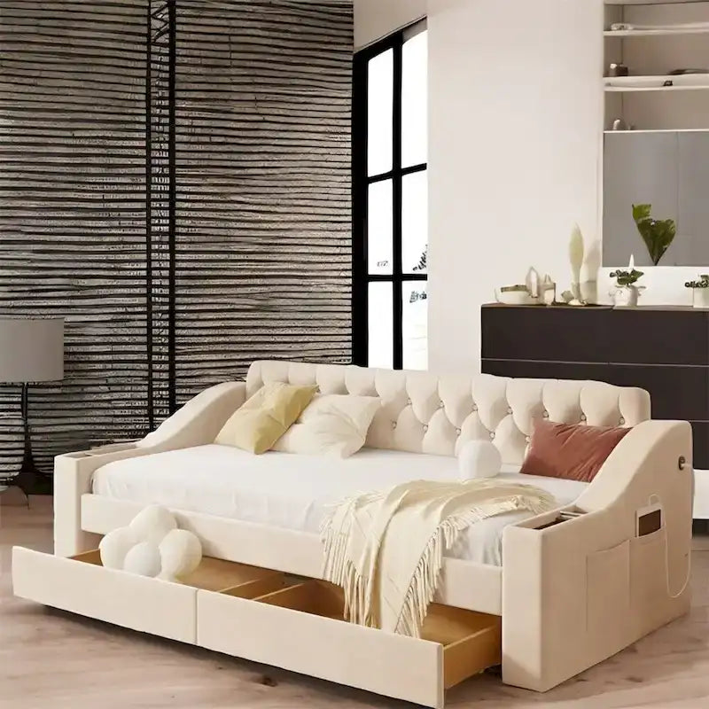 Lit de repos simple rembourré en velours avec accoudoirs de rangement et port USB