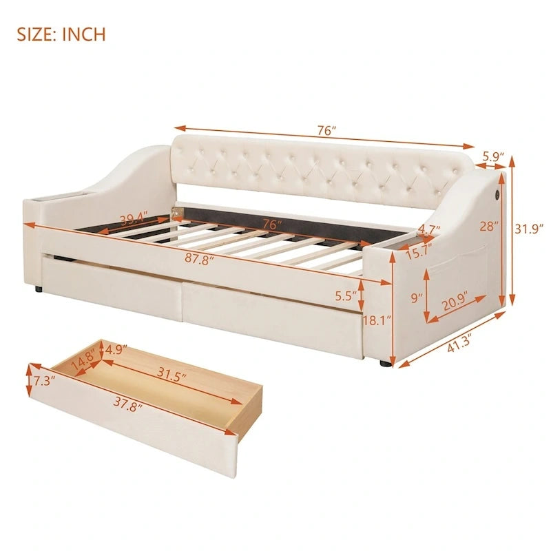 Lit de repos simple rembourré en velours avec accoudoirs de rangement et port USB