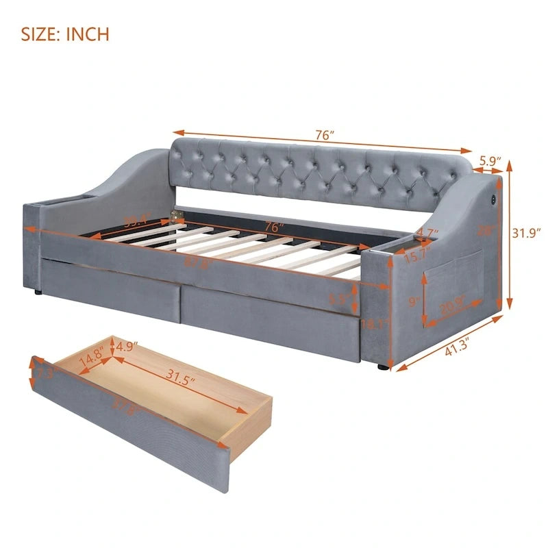 Lit de repos simple rembourré en velours avec accoudoirs de rangement et port USB