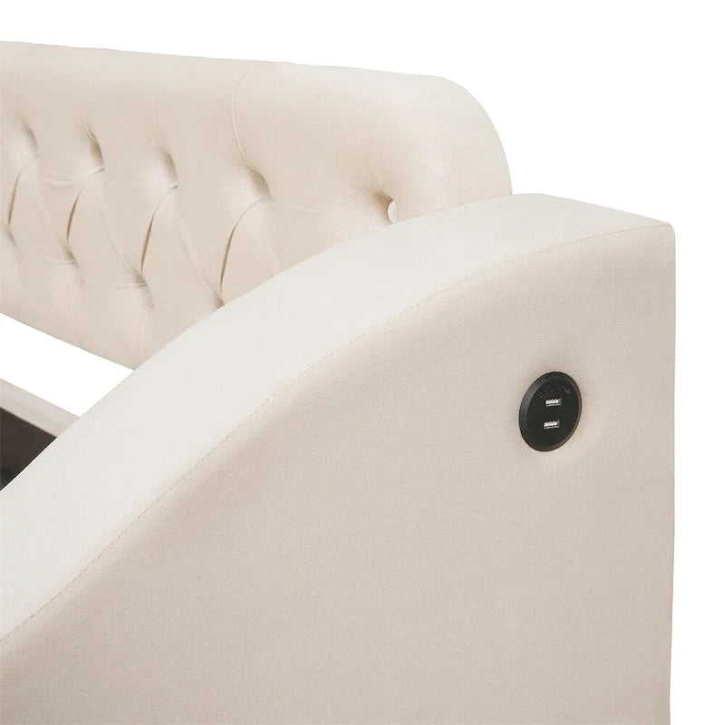 Lit de repos simple rembourré en velours avec accoudoirs de rangement et port USB
