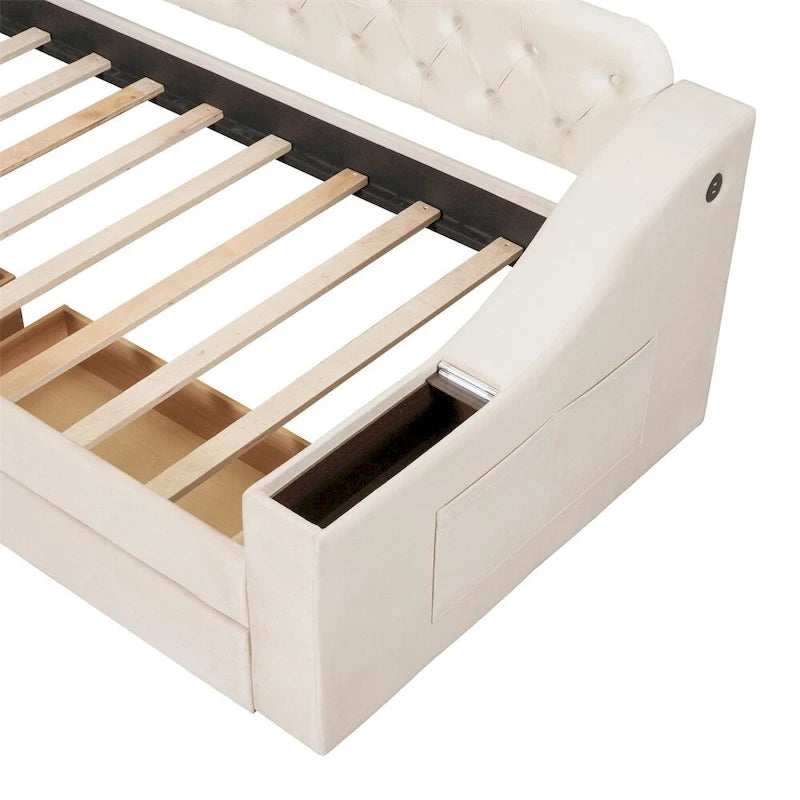 Lit de repos simple rembourré en velours avec accoudoirs de rangement et port USB
