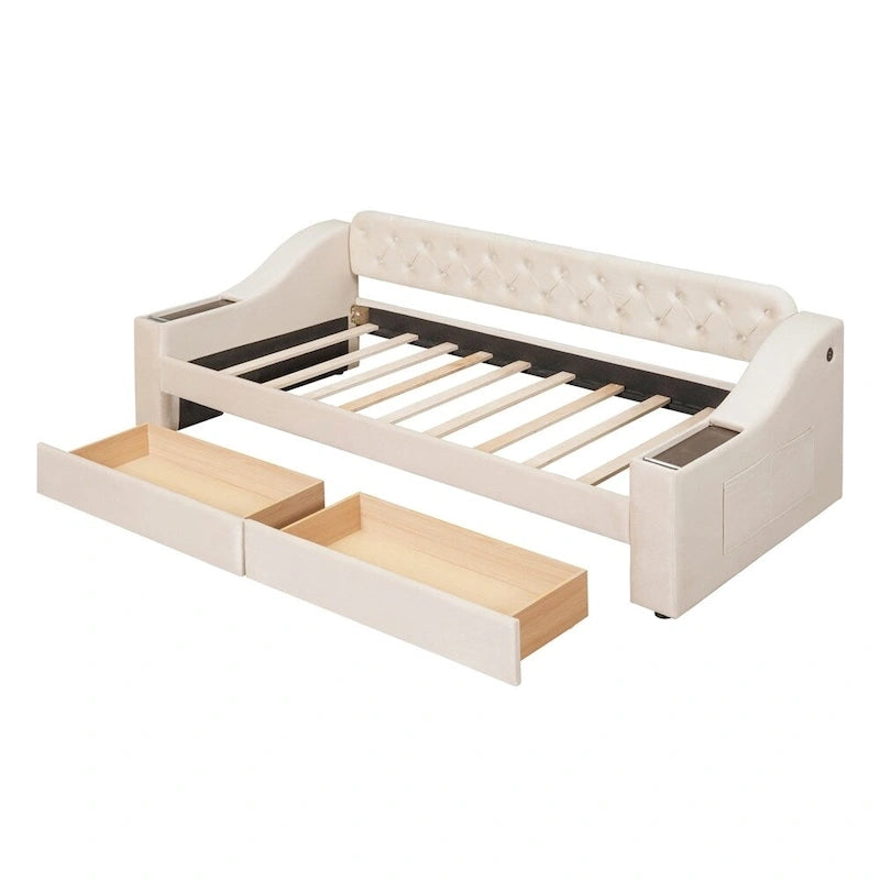 Lit de repos simple rembourré en velours avec accoudoirs de rangement et port USB