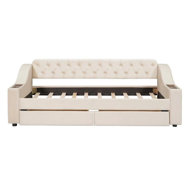 Lit de repos simple rembourré en velours avec accoudoirs de rangement et port USB