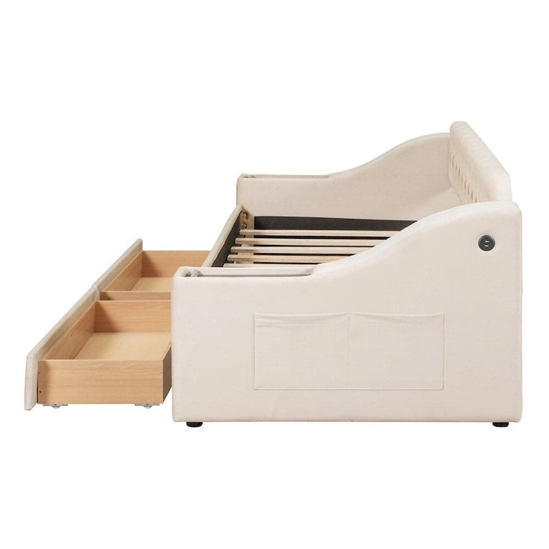 Lit de repos simple rembourré en velours avec accoudoirs de rangement et port USB
