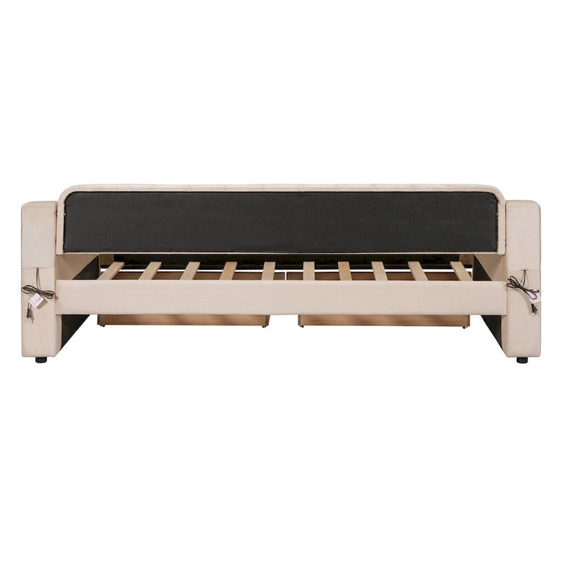 Lit de repos simple rembourré en velours avec accoudoirs de rangement et port USB