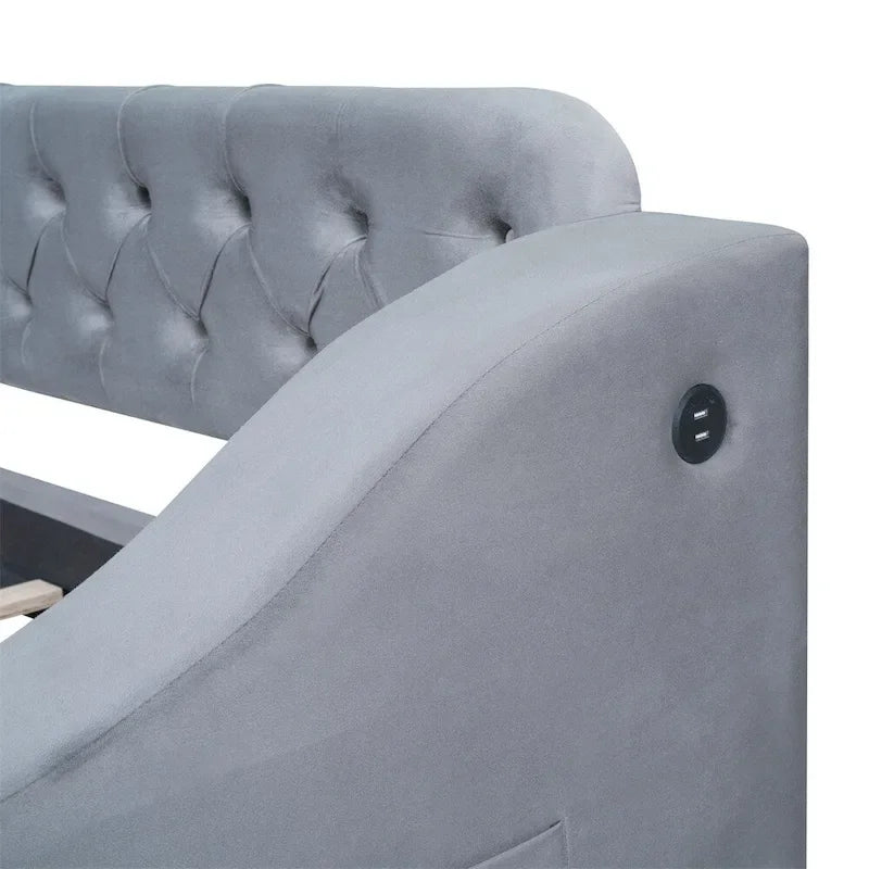 Lit de repos simple rembourré en velours avec accoudoirs de rangement et port USB