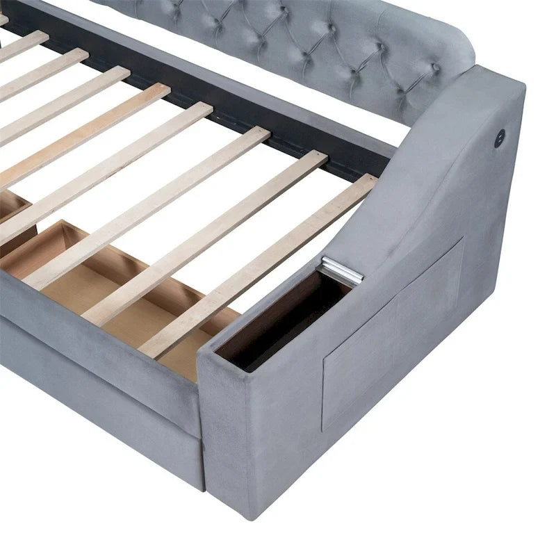 Lit de repos simple rembourré en velours avec accoudoirs de rangement et port USB