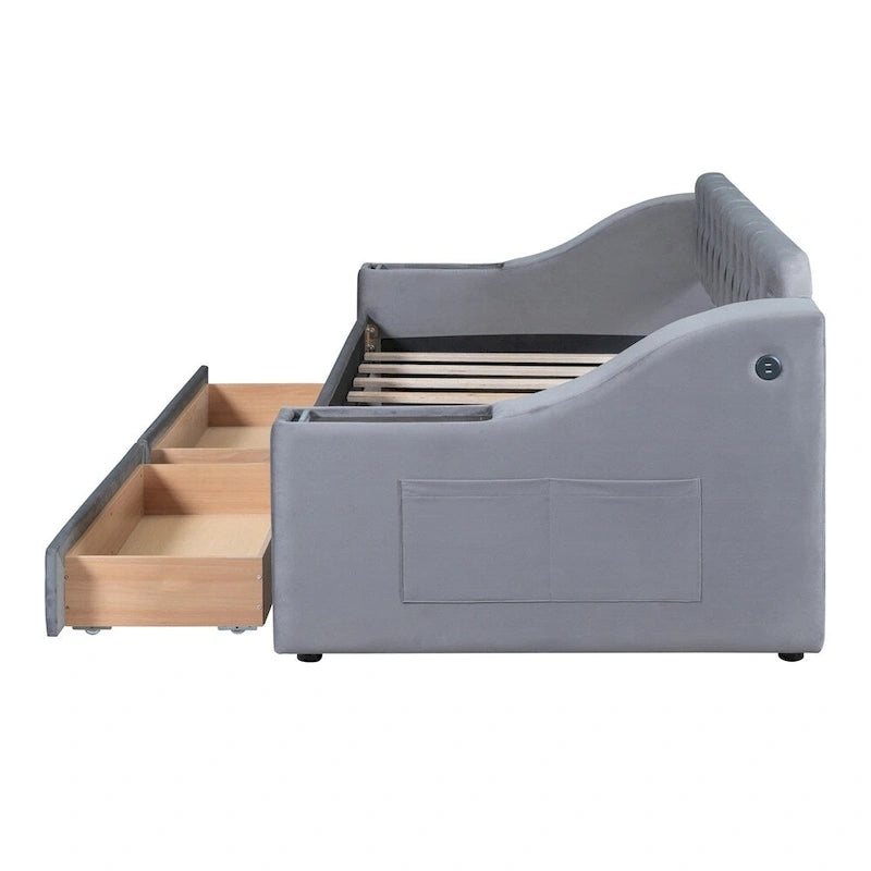 Lit de repos simple rembourré en velours avec accoudoirs de rangement et port USB