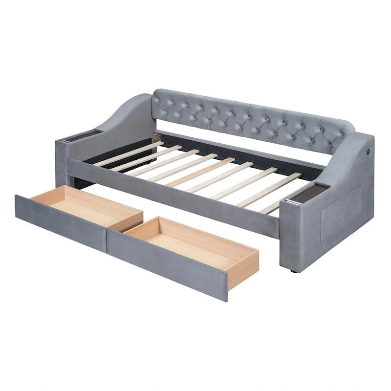 Lit de repos simple rembourré en velours avec accoudoirs de rangement et port USB