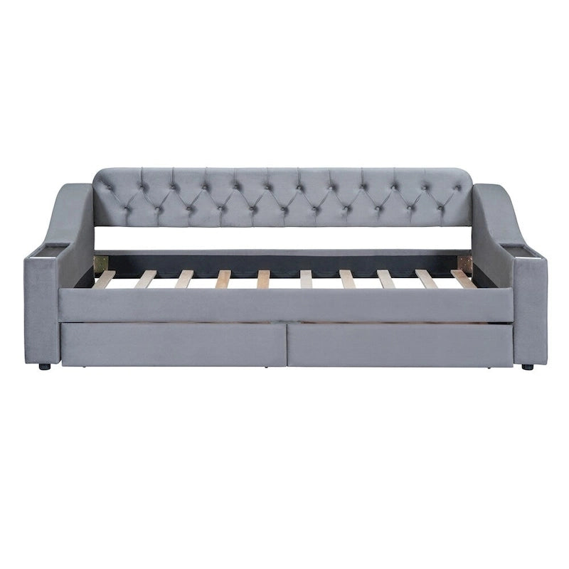 Lit de repos simple rembourré en velours avec accoudoirs de rangement et port USB