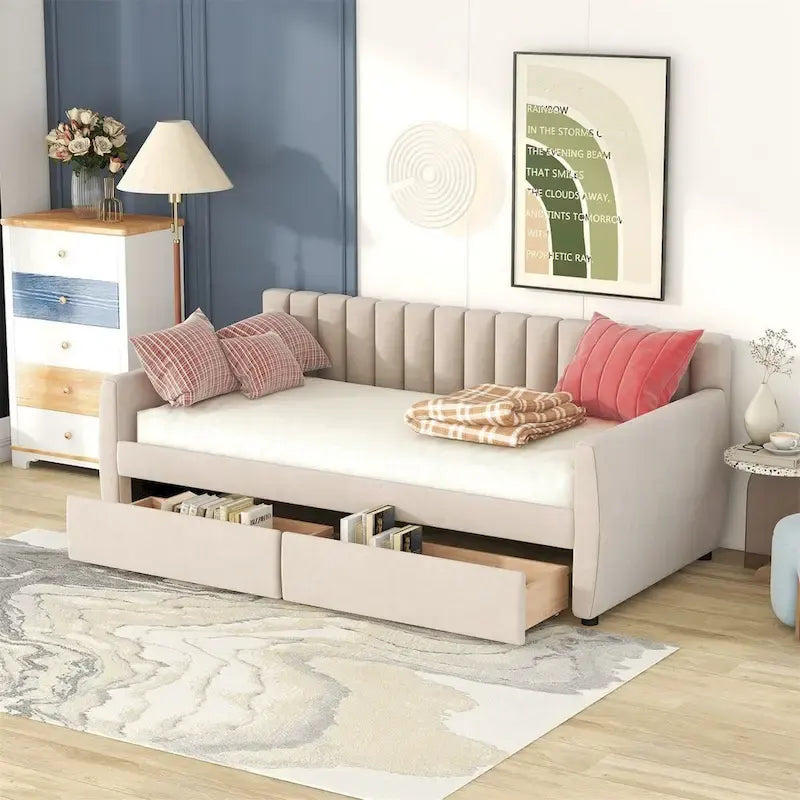 Merax Upholstered daybed with Drawers/Trundle, Wood Slat Support