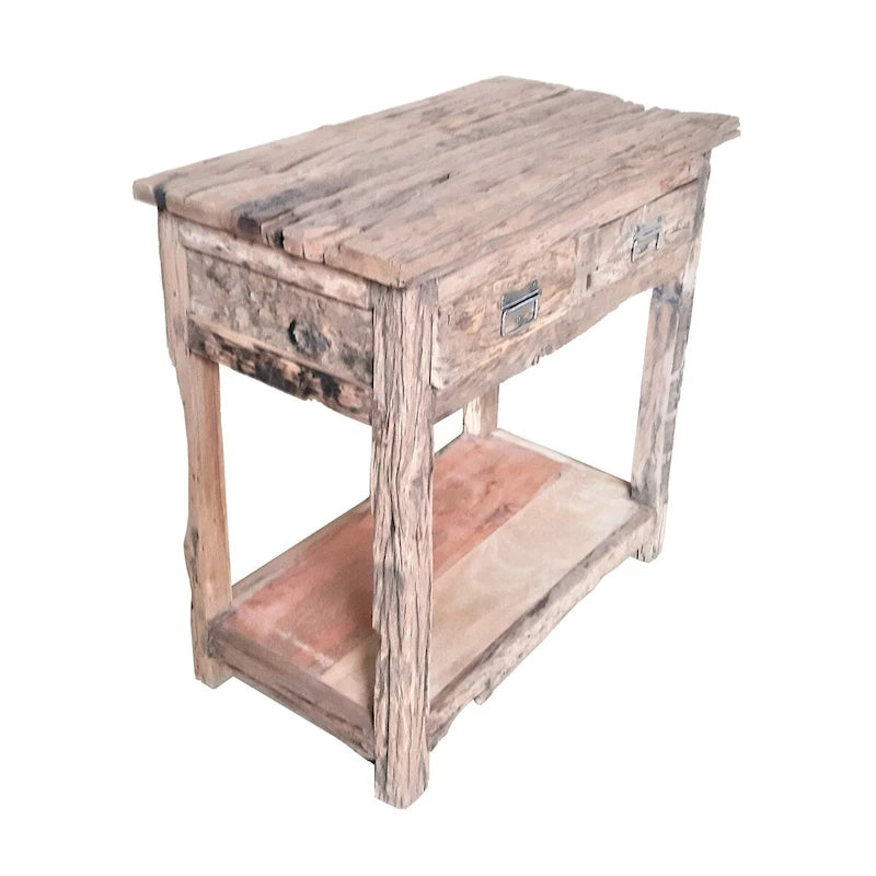 Table îlot de cuisine rustique de 32 pouces, 2 tiroirs, bois blanc patiné