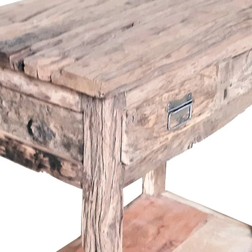 Table îlot de cuisine rustique de 32 pouces, 2 tiroirs, bois blanc patiné