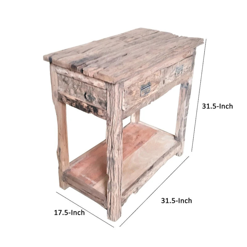 Table îlot de cuisine rustique de 32 pouces, 2 tiroirs, bois blanc patiné