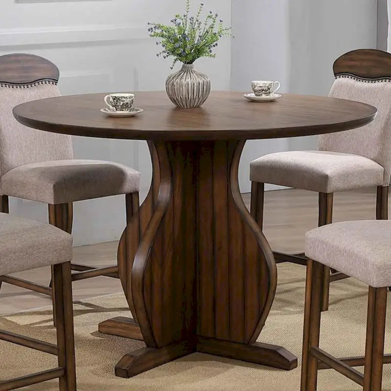 Table de salle à manger ronde en chêne, hauteur comptoir, avec pied central