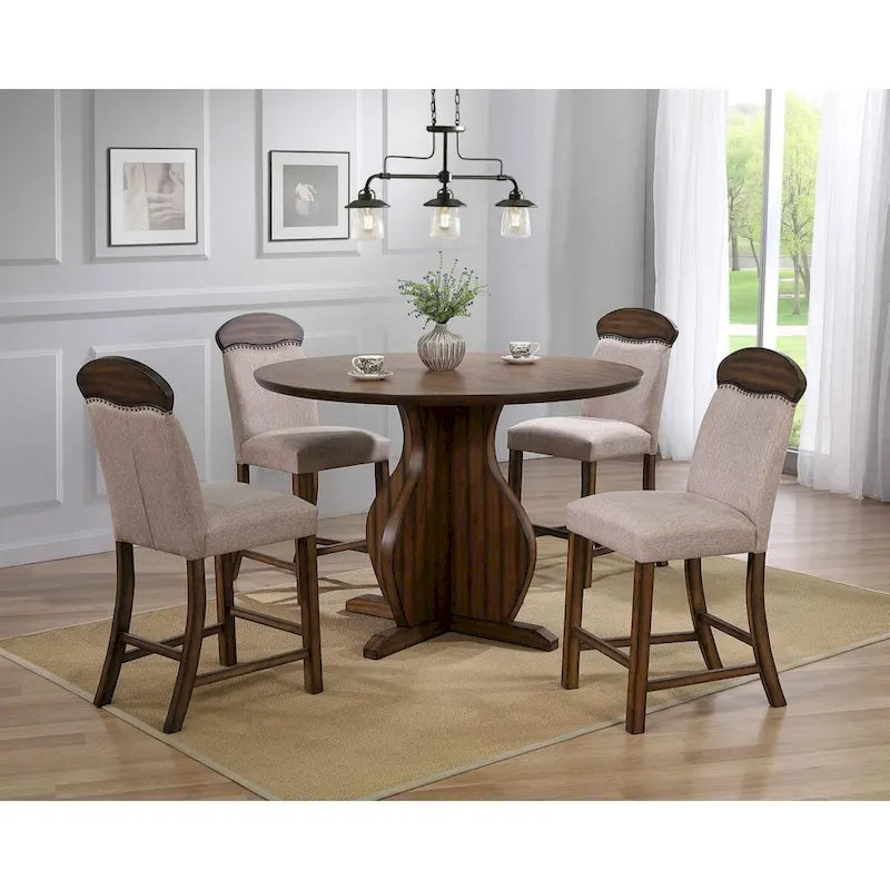 Table de salle à manger ronde en chêne, hauteur comptoir, avec pied central